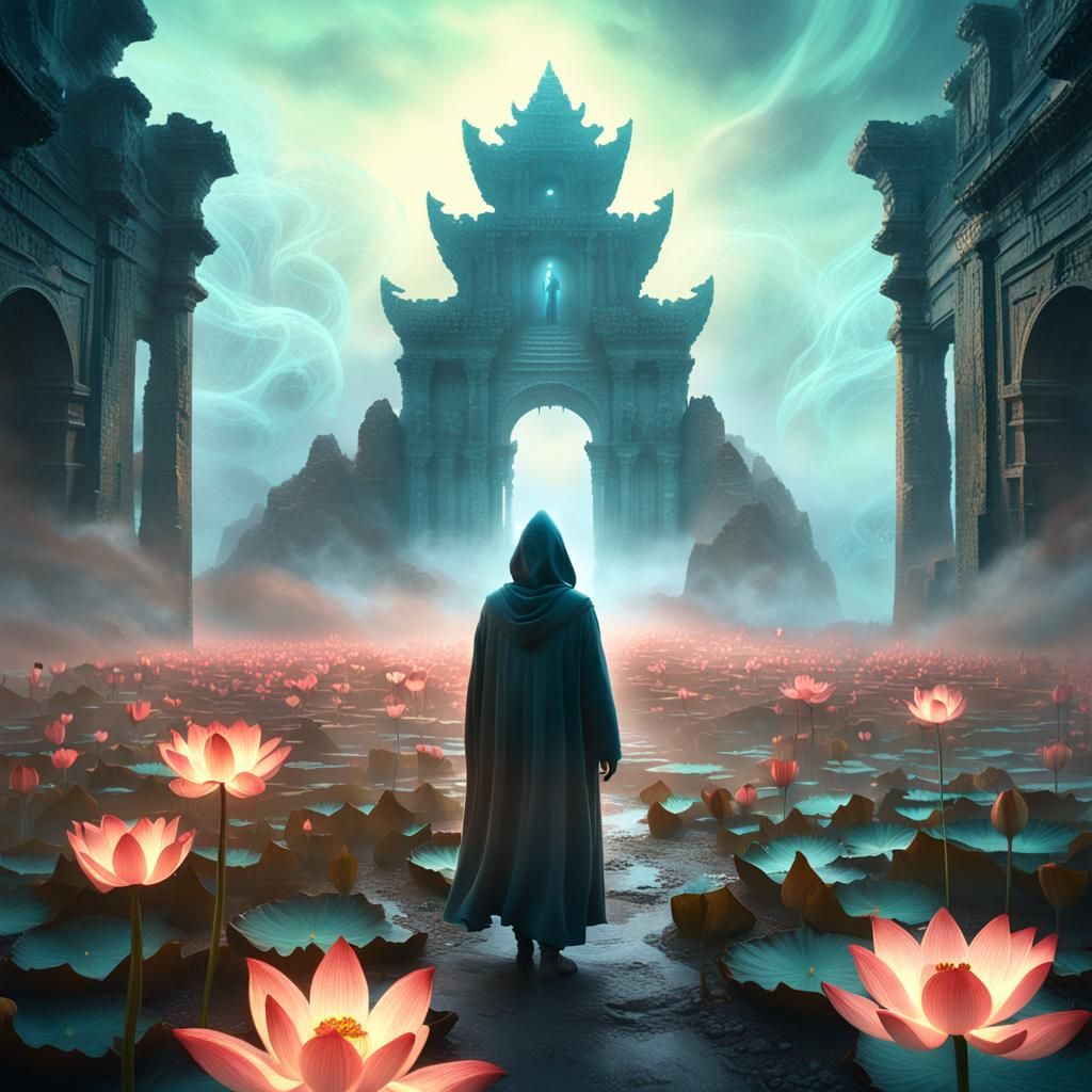 Mystical Figure in Ethereal, Dreamlike Landscape