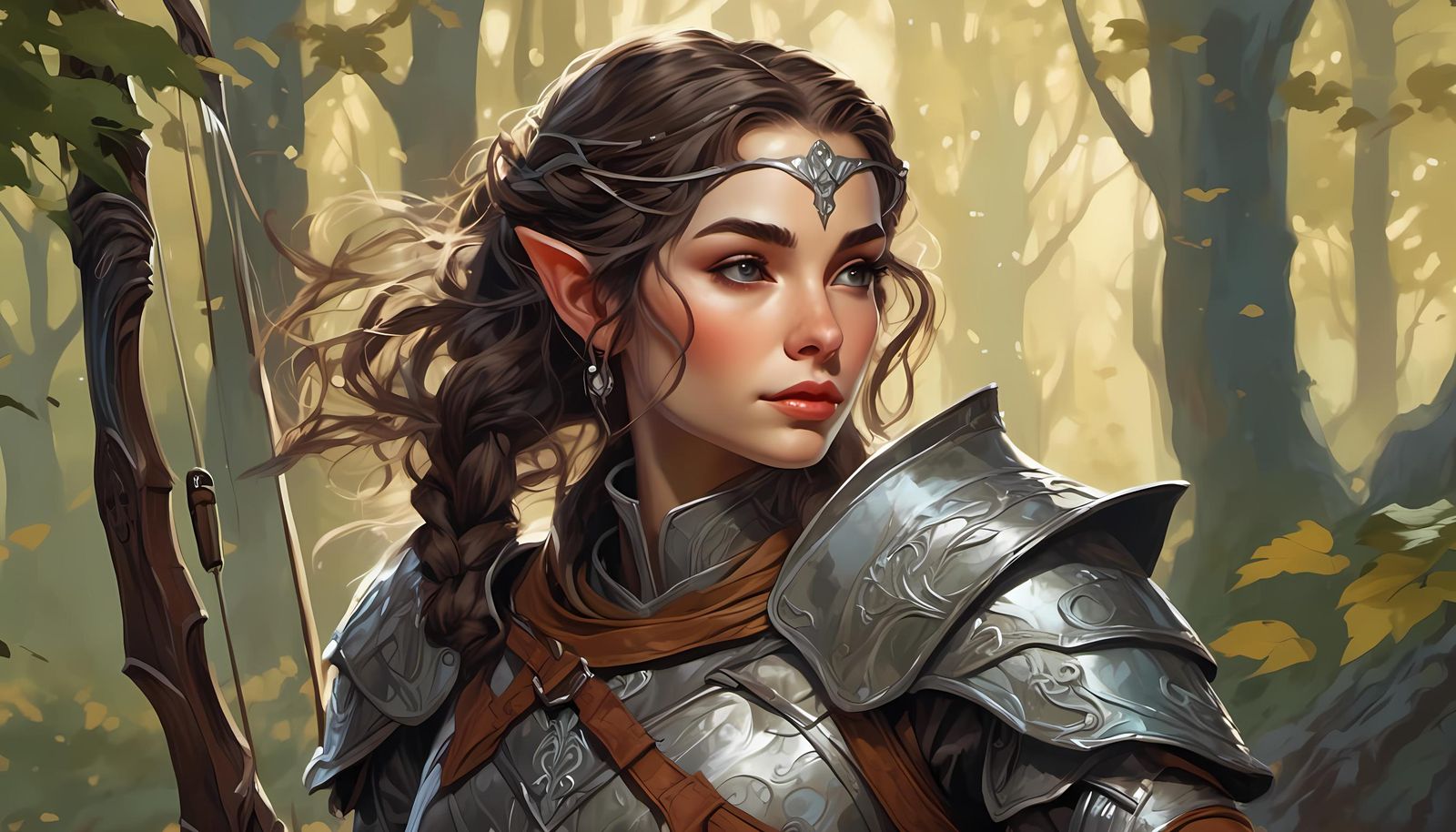 Elvish Girl in Armor with Bow in Forest