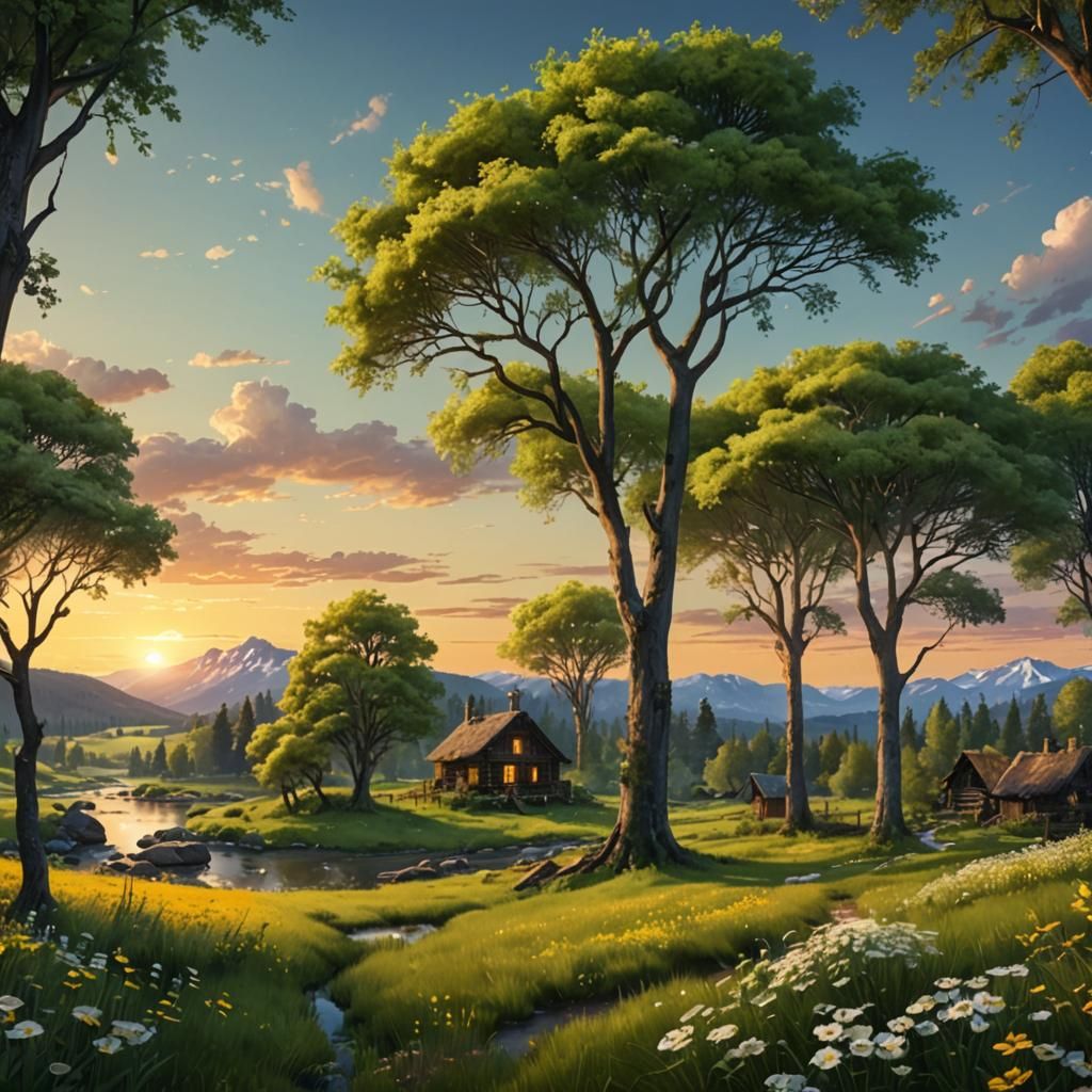 Cabin Town Watercolor Painting at Sunset