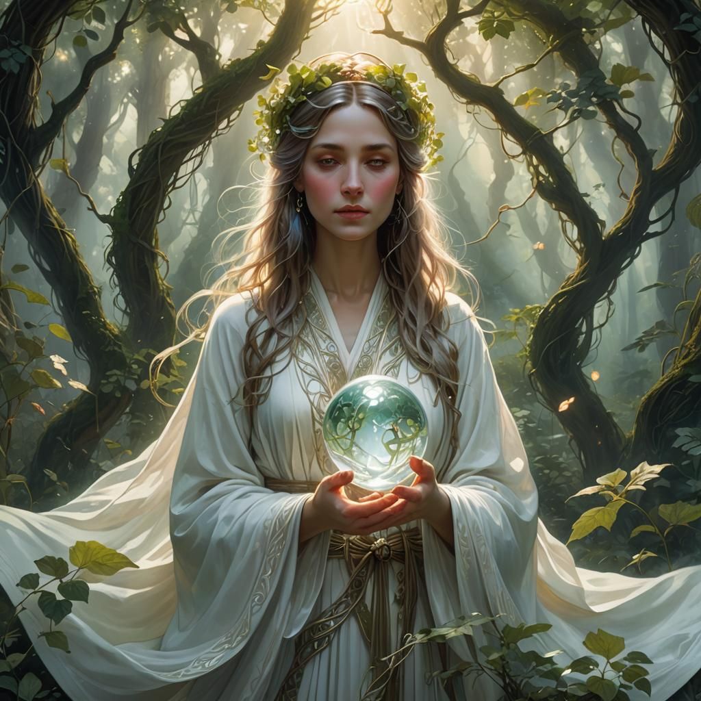 Ethereal Woman with Orb in Lush Fantasy Landscape