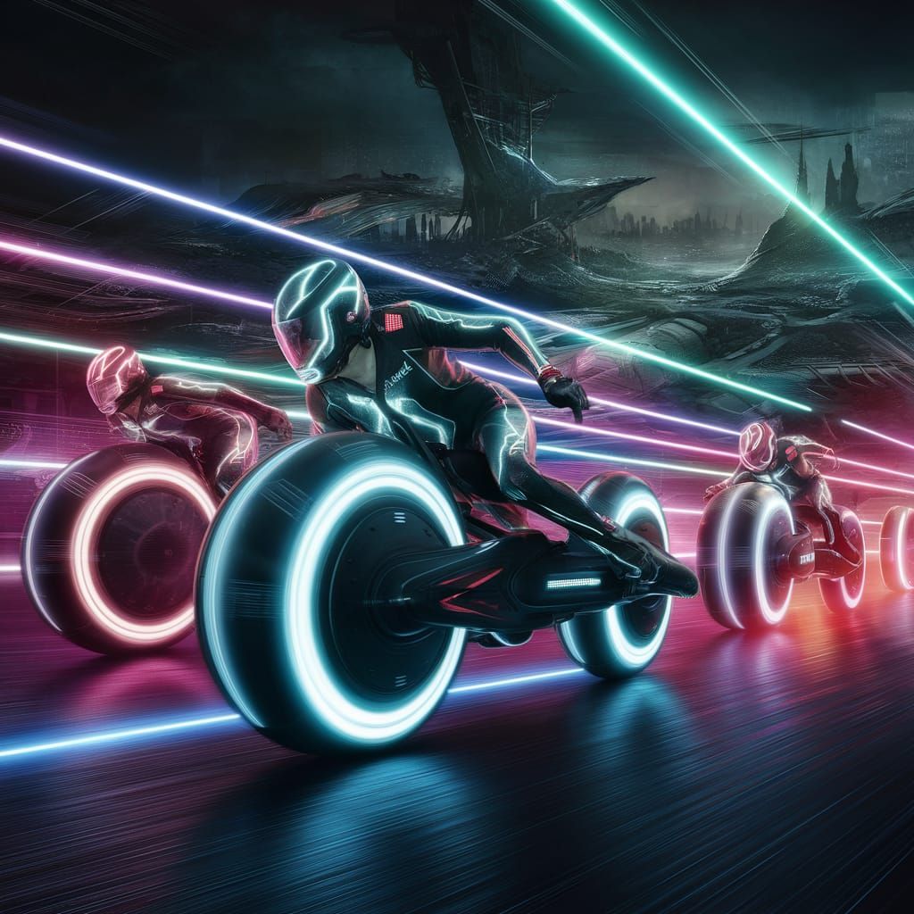 Tron-Style Light Cycle Race in Futuristic City
