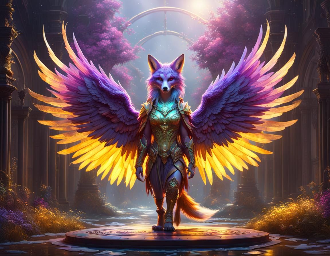 Rainbow Fox with Wings: Dark Fantasy Art