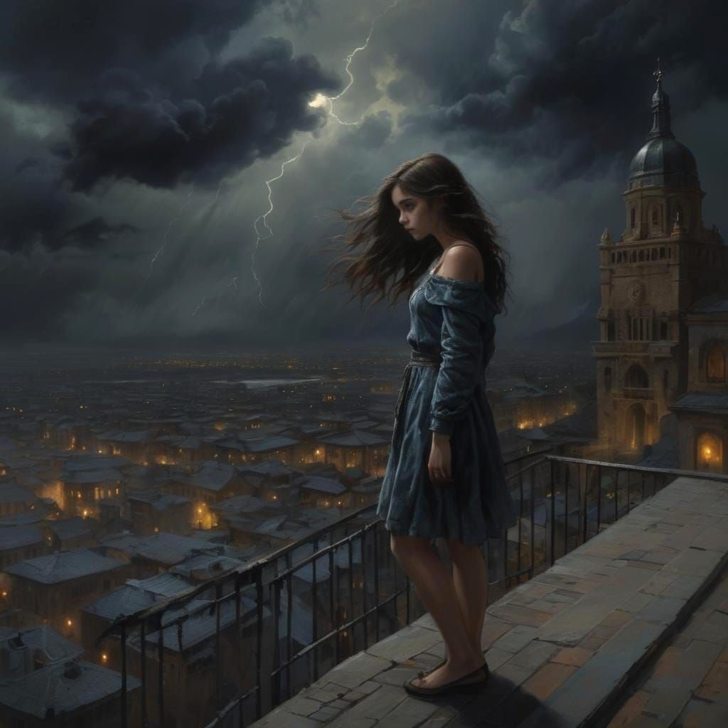 One young girl stands on a balcony looking down upon the dark fantasy city
