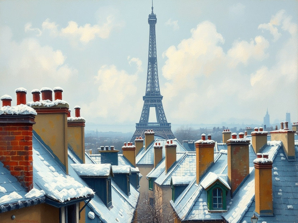 Eiffel Tower in Snowy Paris: Impressionist Winter Scene