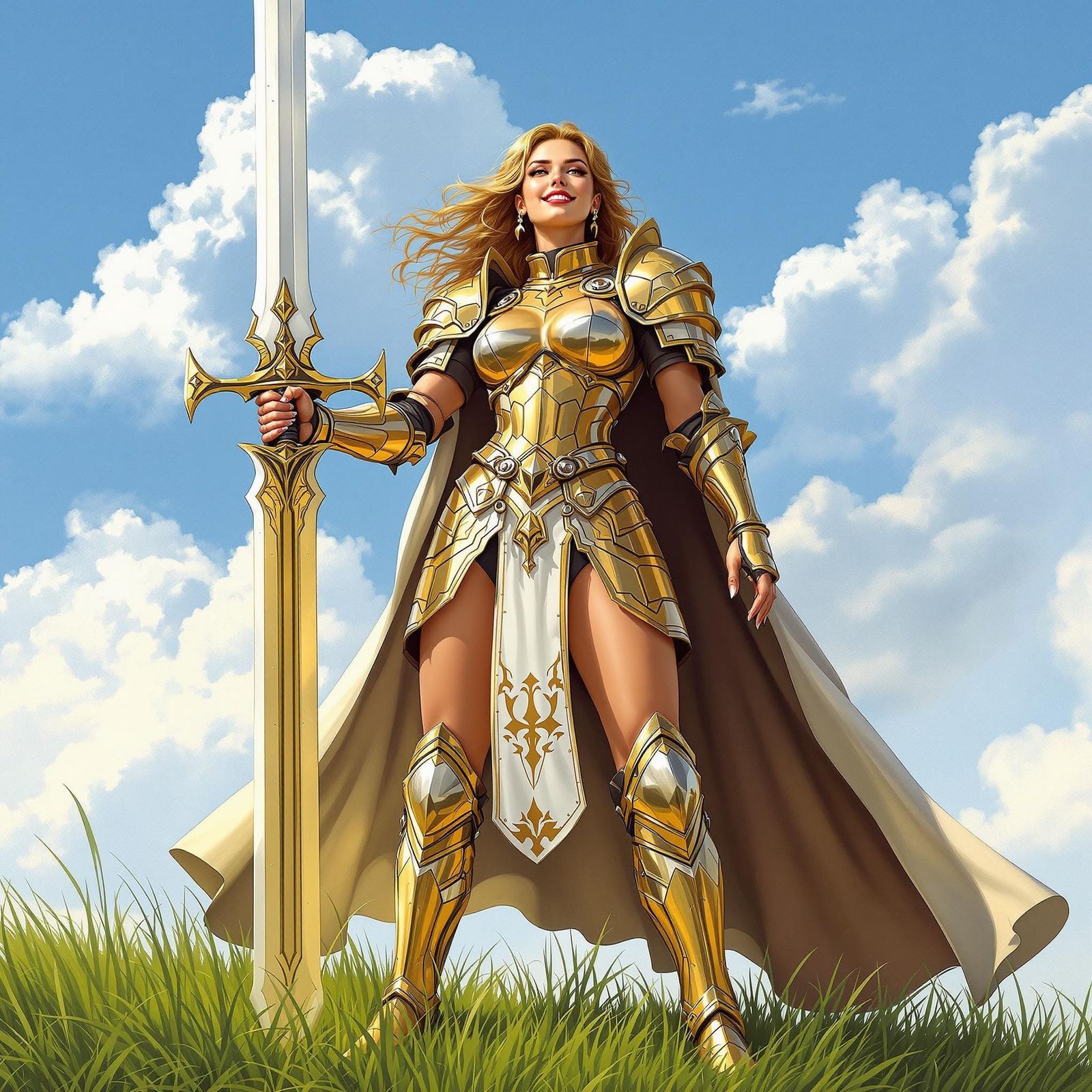 Female Paladin in Gold Armor, Pin-Up Style