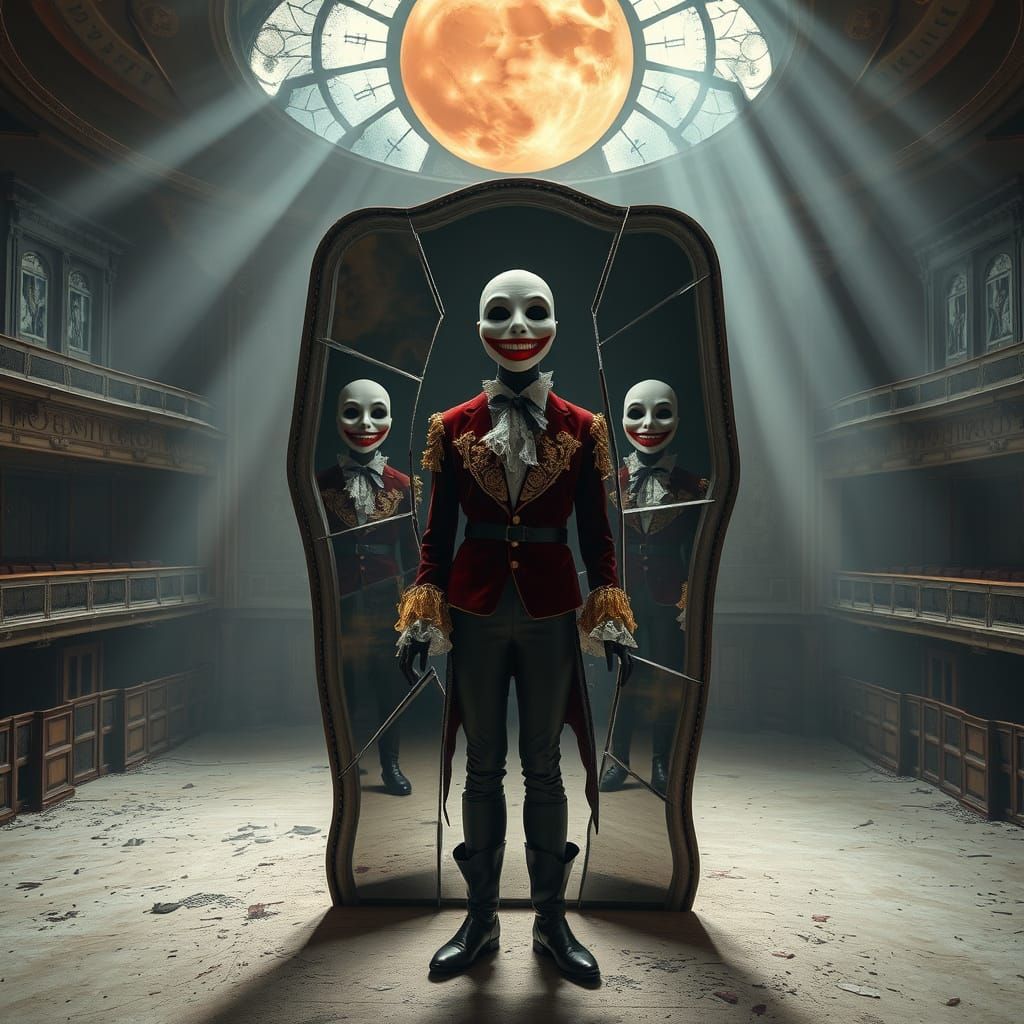 Cracked Mirror Reflects Harlequin Figure in Abandoned Opera ...