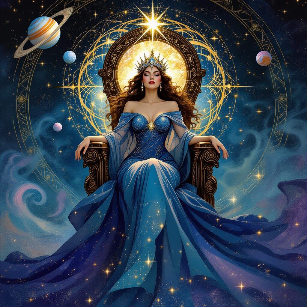 Cosmic Empress on Stardust Throne in Art Nouveau Style