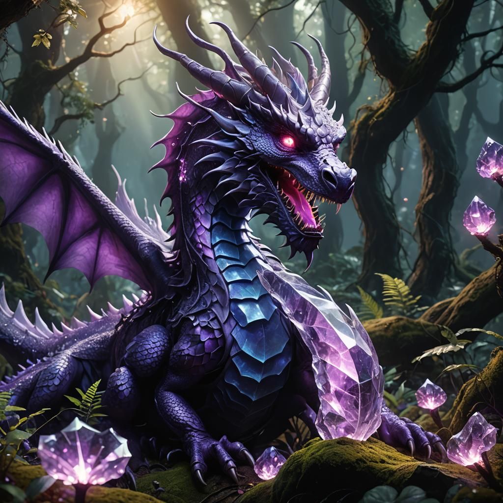 Purple Dragon Coiled Around Crystal in Fantasy Forest