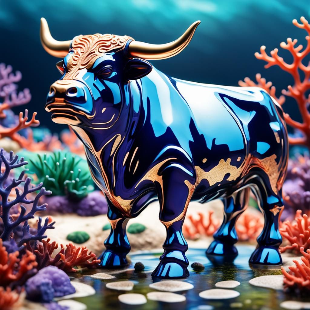 Enamel Figurine of a Bull in Coral Reef
