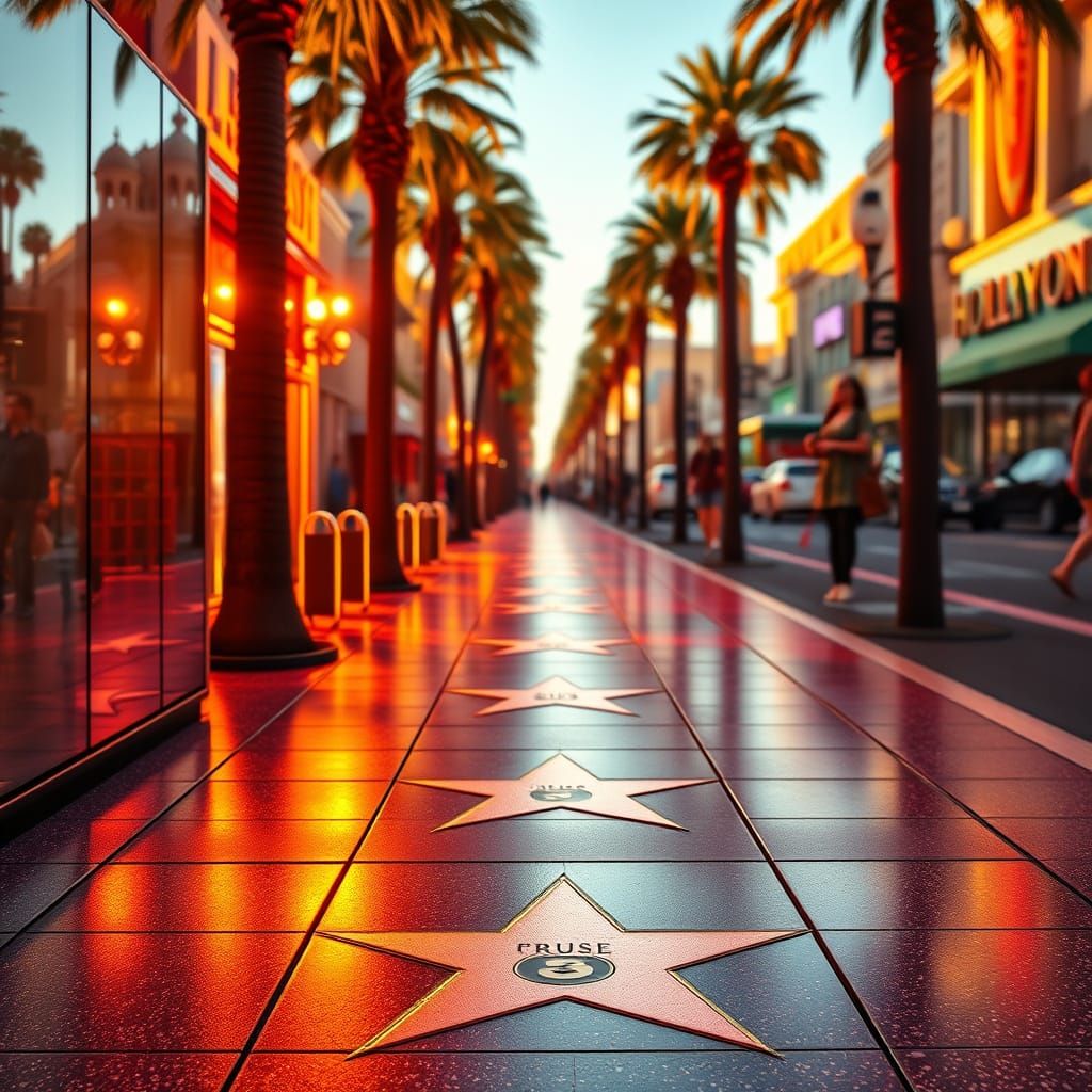 Vibrant Hollywood Walk of Fame at Golden Hour