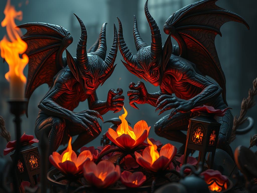 Surreal Demons Tend Dark Gothic Flowers with Blazing Petals