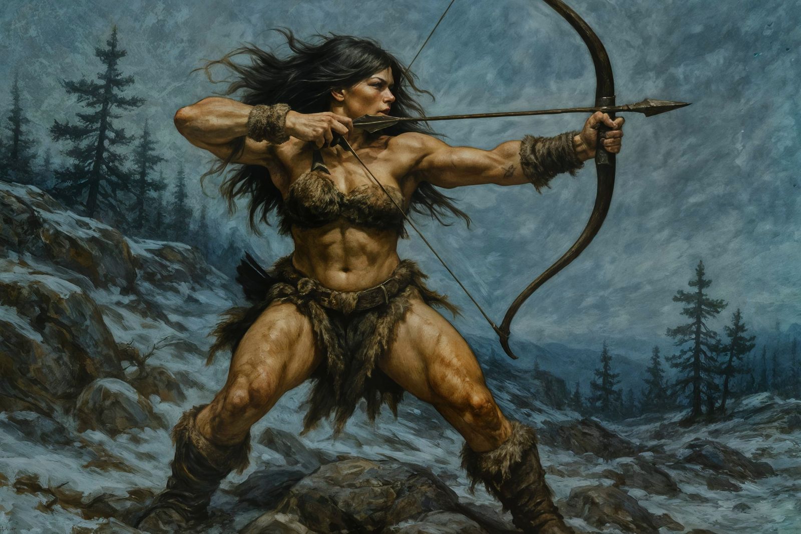 Barbarian Huntress in Primal Winter Landscape