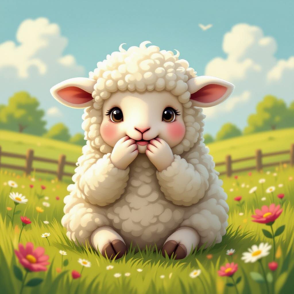 Anxious Lamb in Pastoral Scene, Storybook Illustration