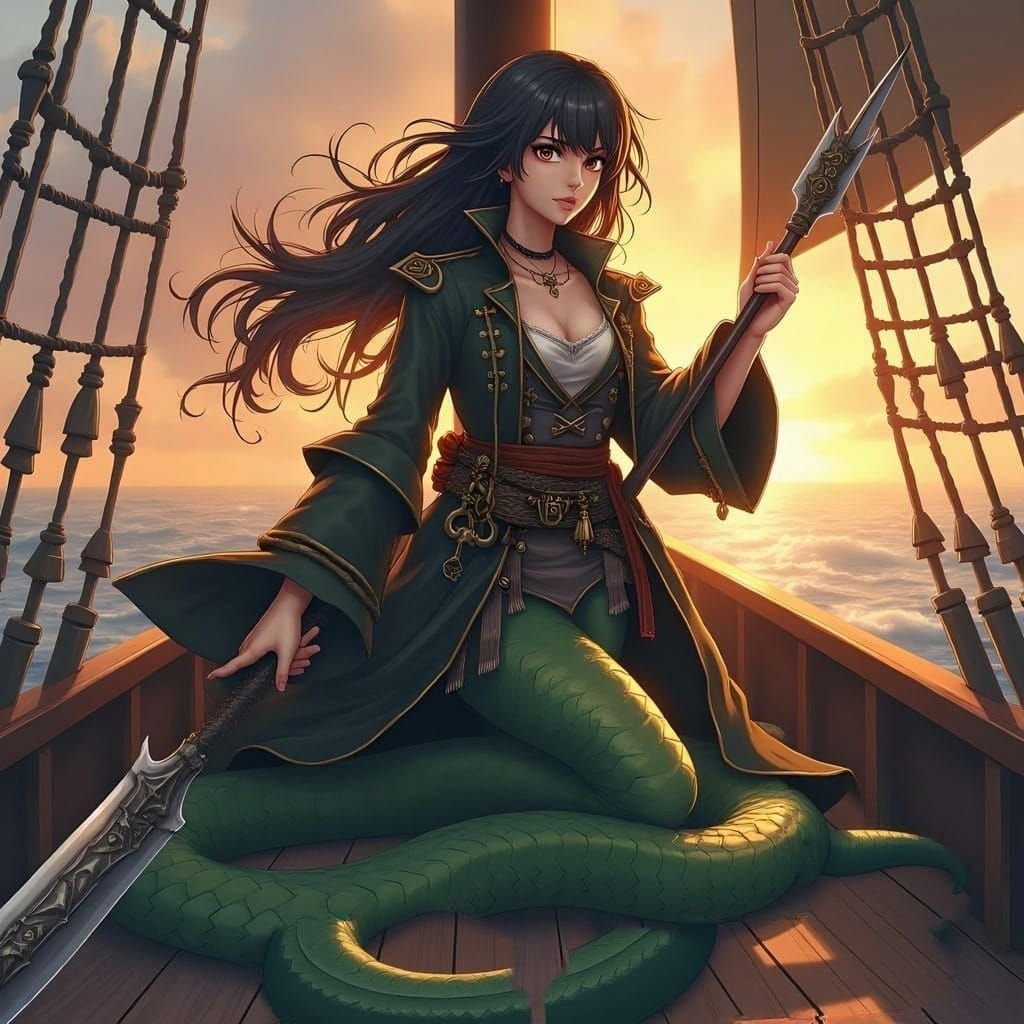 Anime Lamia Pirate on Ship, Cel-Shaded Style