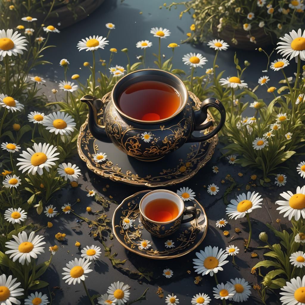 Black Tea with Chamomile: Detailed Fantasy Art