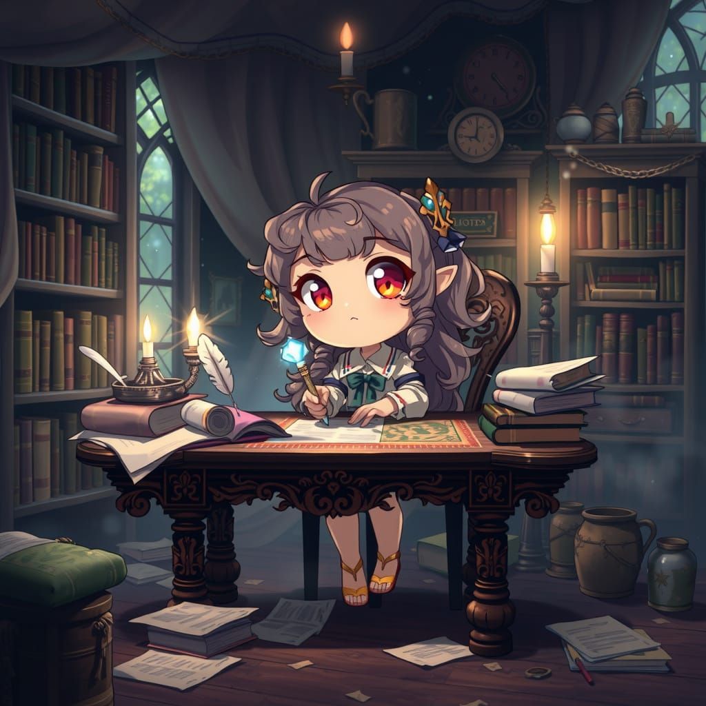 Whimsical Study of a Chibi Girl Writing