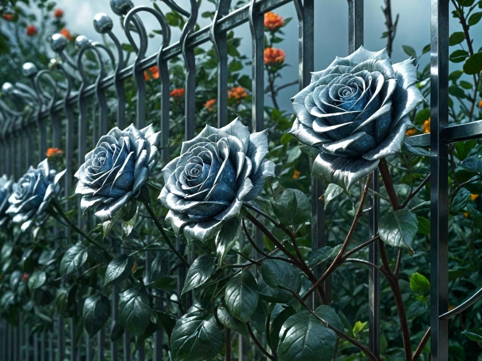 Surreal Chrome Roses Bloom on Lattice Fence