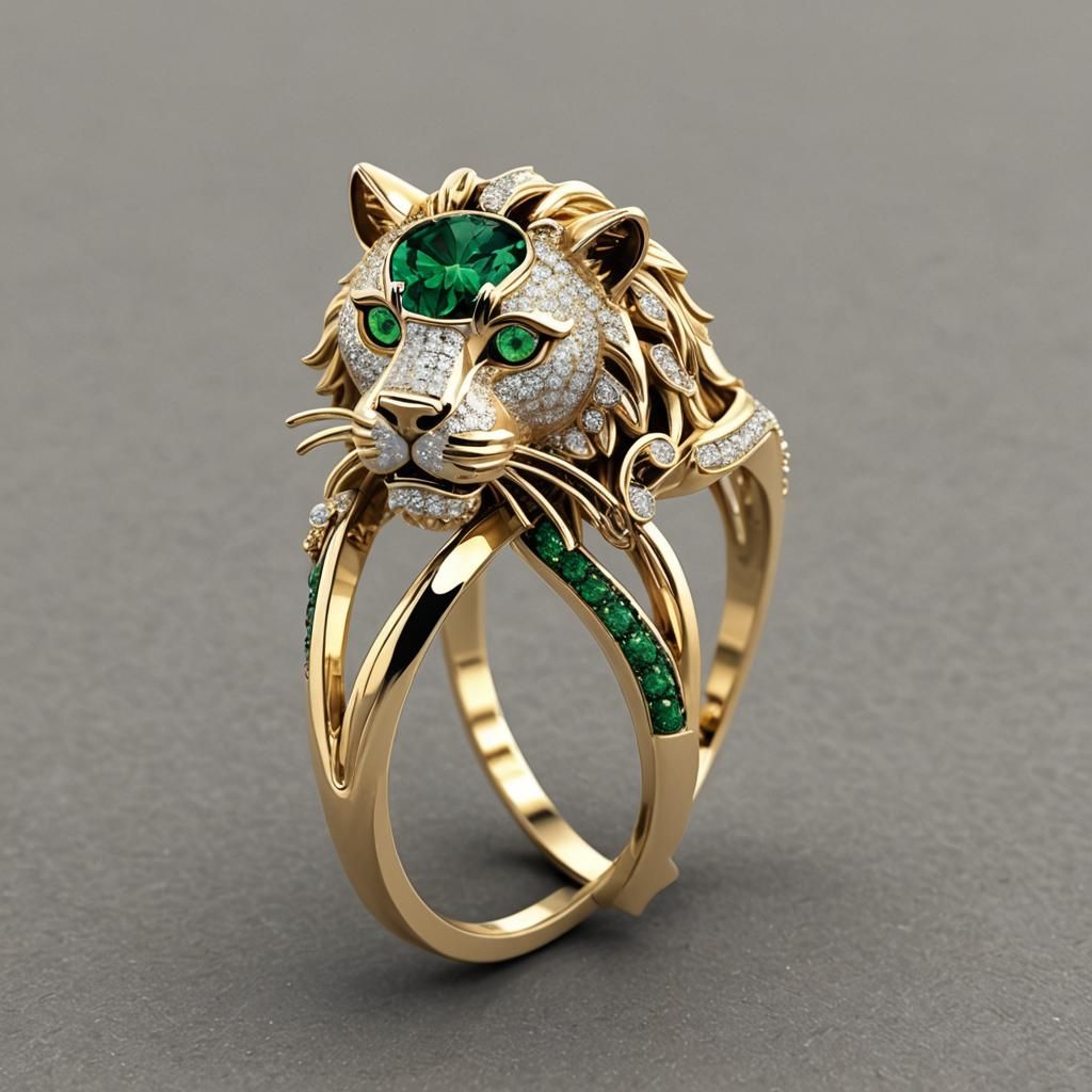 Lion Cat Gold Ring with Diamonds Design