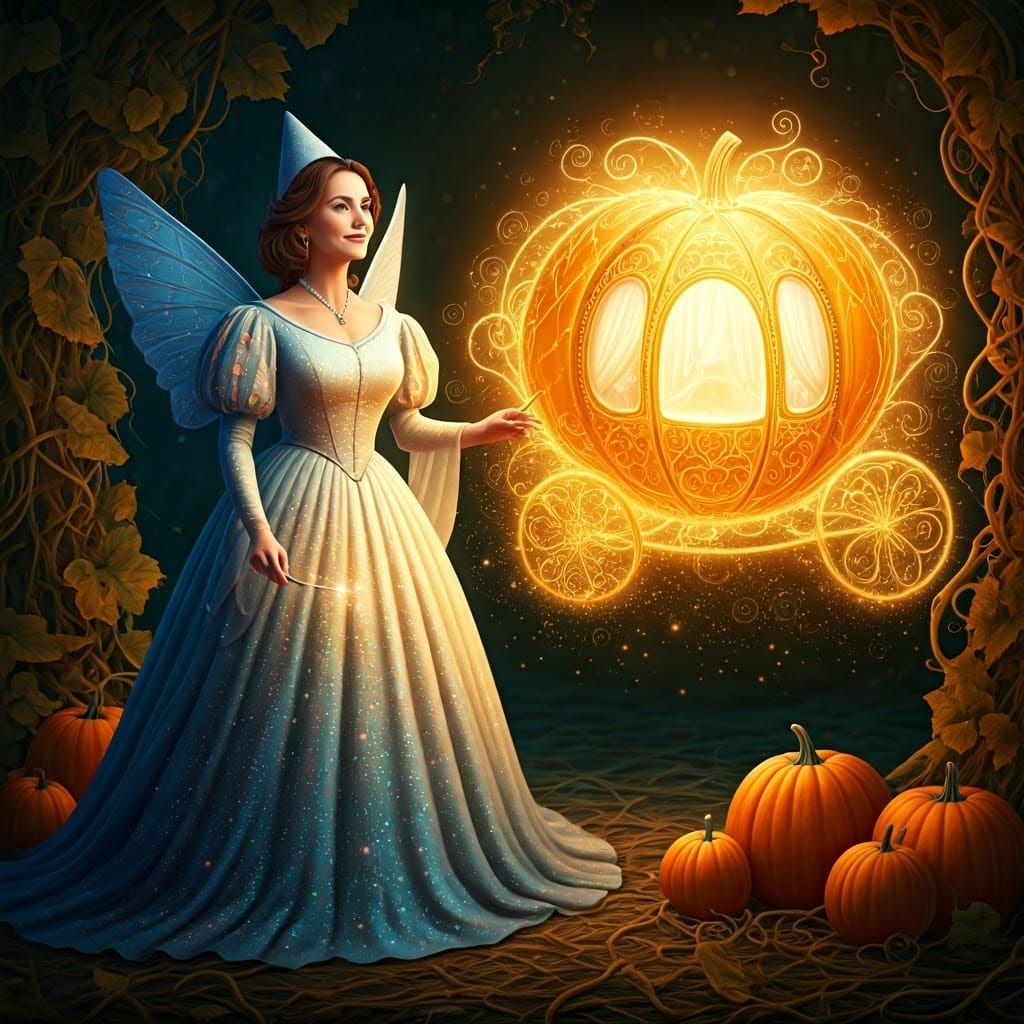 Fairy Godmother Creates Pumpkin Carriage in Dreamlike Style