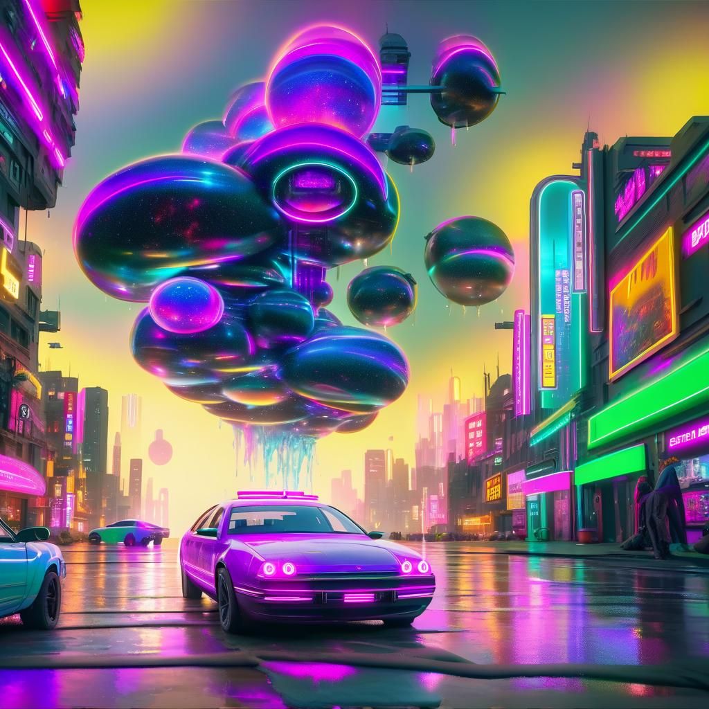 Hyperrealistic Neon Cityscape with Cosmic Purple Lights