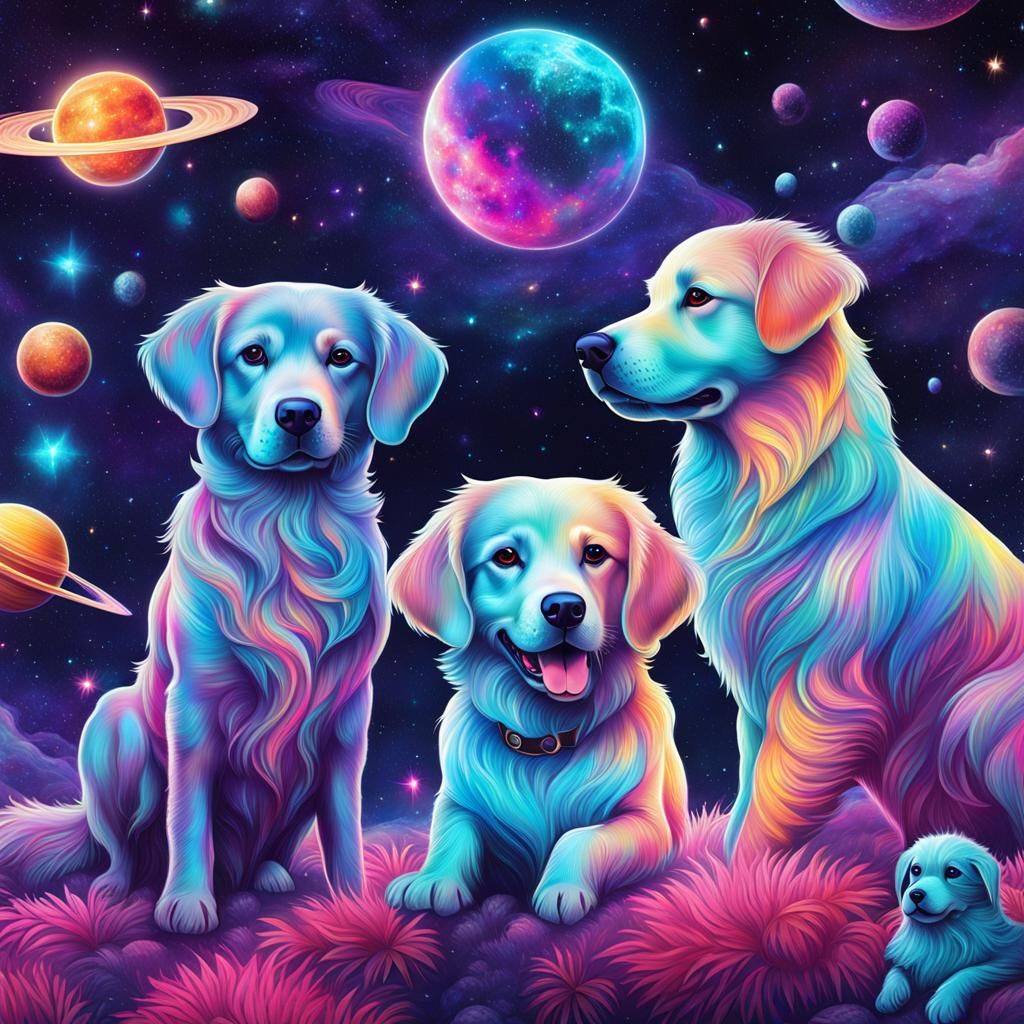 Cute Dogs in Cosmic Holographic Illustration
