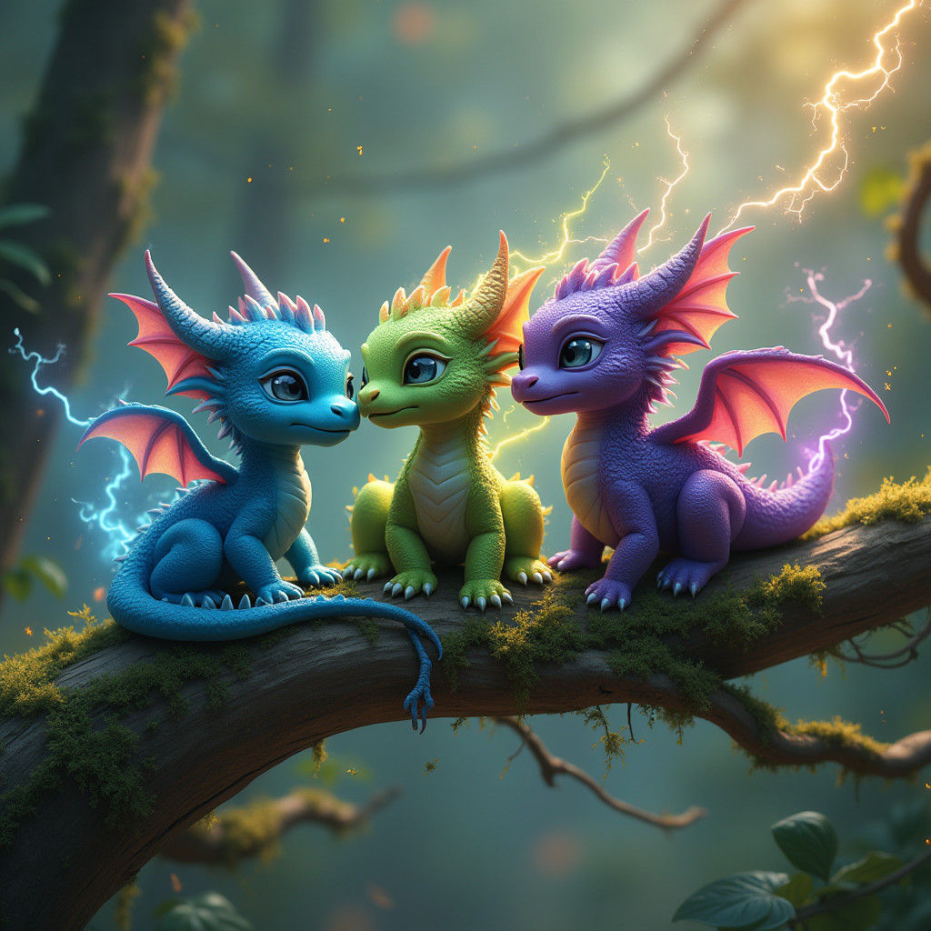 Baby Dragons on Mossy Branch in Dreamy Landscape