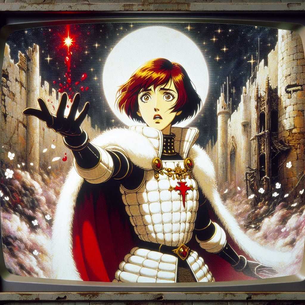 Enigmatic Female Knight Reaches Out from Vintage Cartoon Sce...