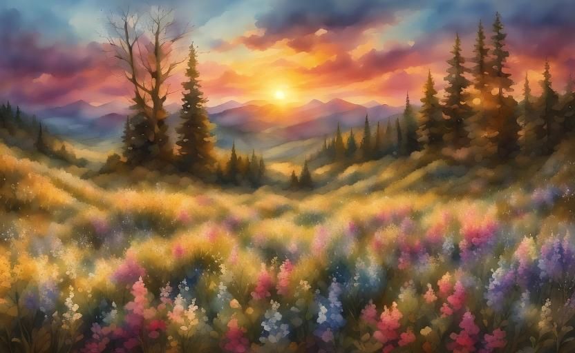 Impressionist Hiker at Mountain Peak in Golden Light