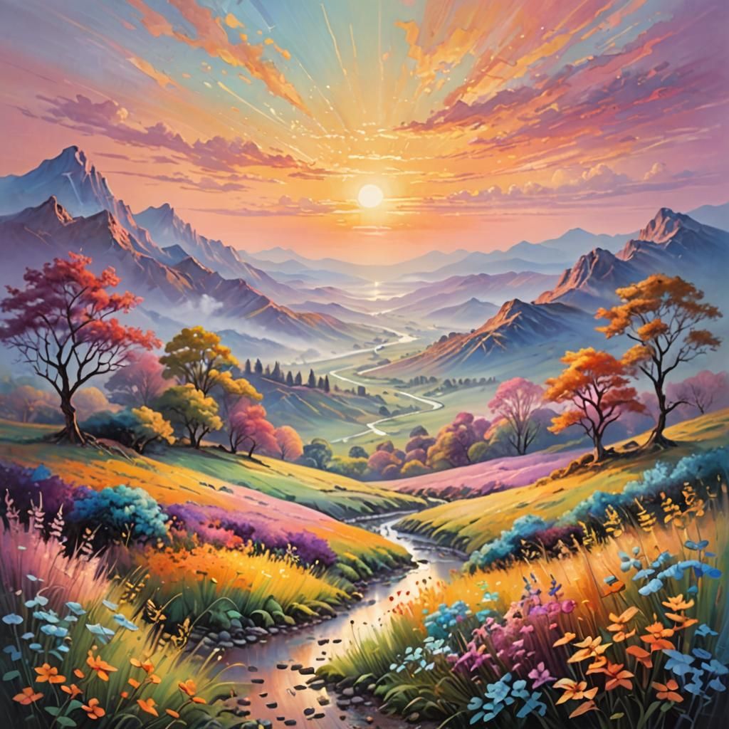 Dreamy Pastel Sunrise Fantasy Landscape