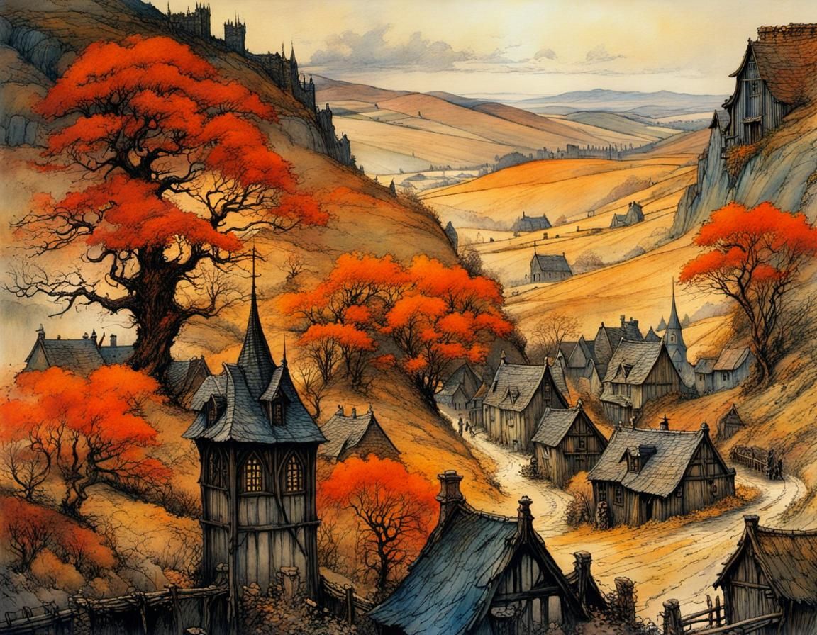 Medieval Scottish Village in Mystical Nocturnal Setting