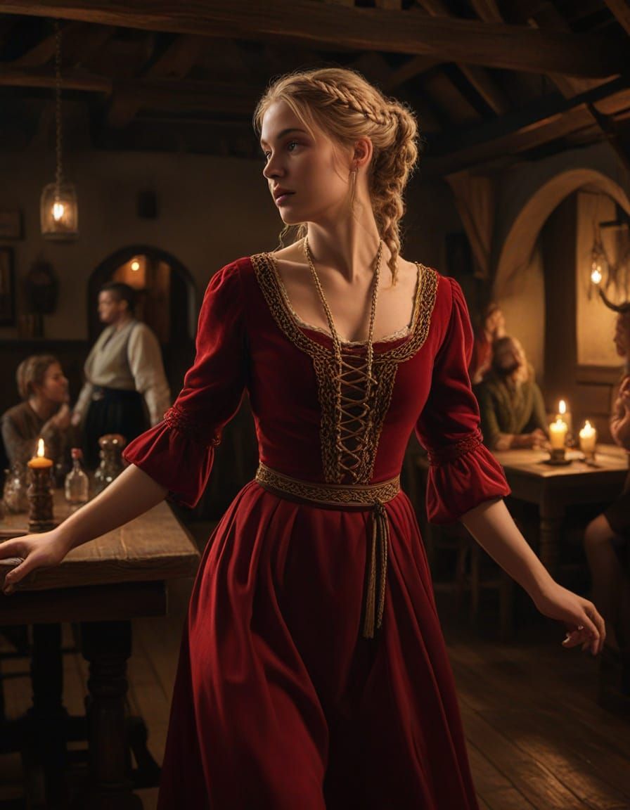 Medieval Woman Dancing in Tavern, Oil Painting