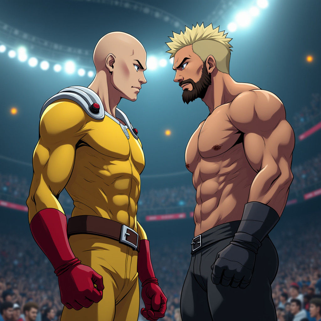 Intense Stare-Down: Superhero vs. Athlete in Arena