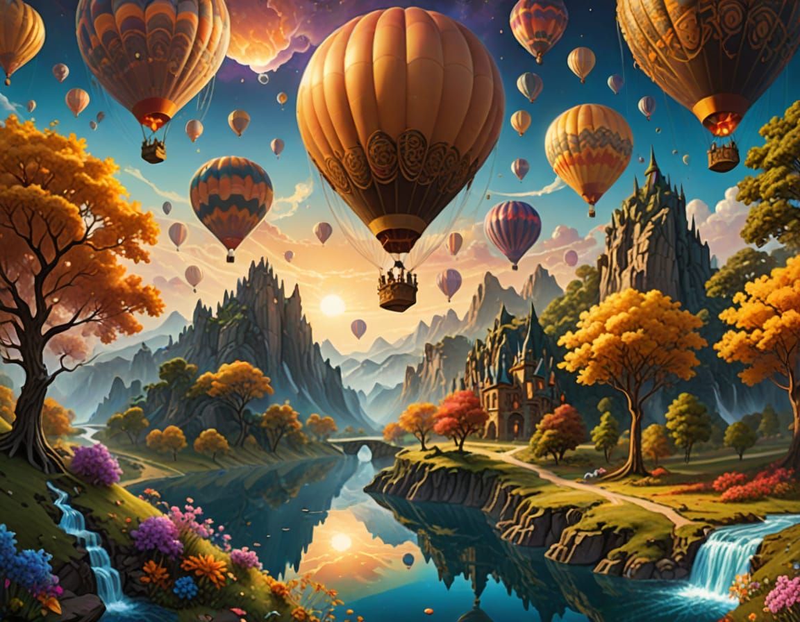 Hot Air Balloons Over Fractal Landscape with Vibrant Waterfa...