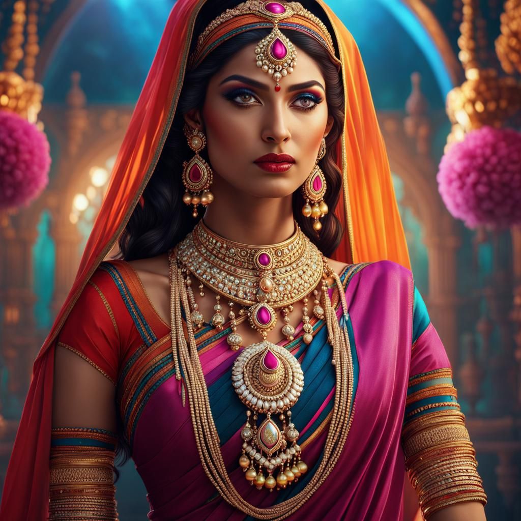 Beautiful Indian Woman in Traditional Clothing, Hyperrealist...