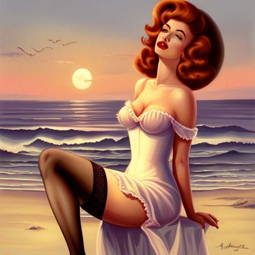 Australian Pin-Up Girl Illustration on Beach