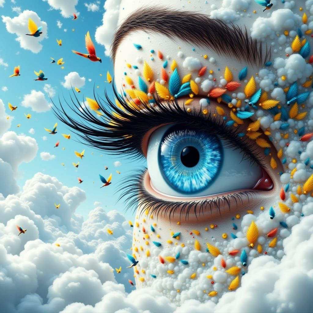 Eye Reflecting Birds in Surrealist Abstract Style