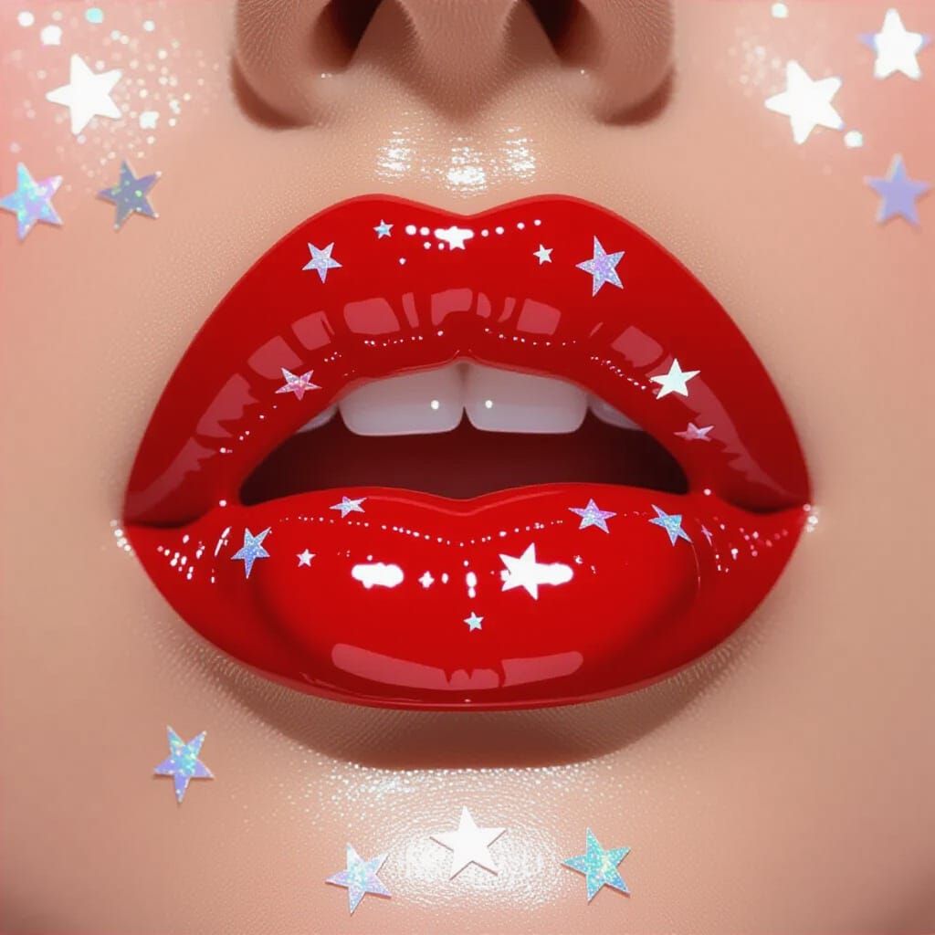 Hyperrealistic Glossy Lips with Holographic Stars