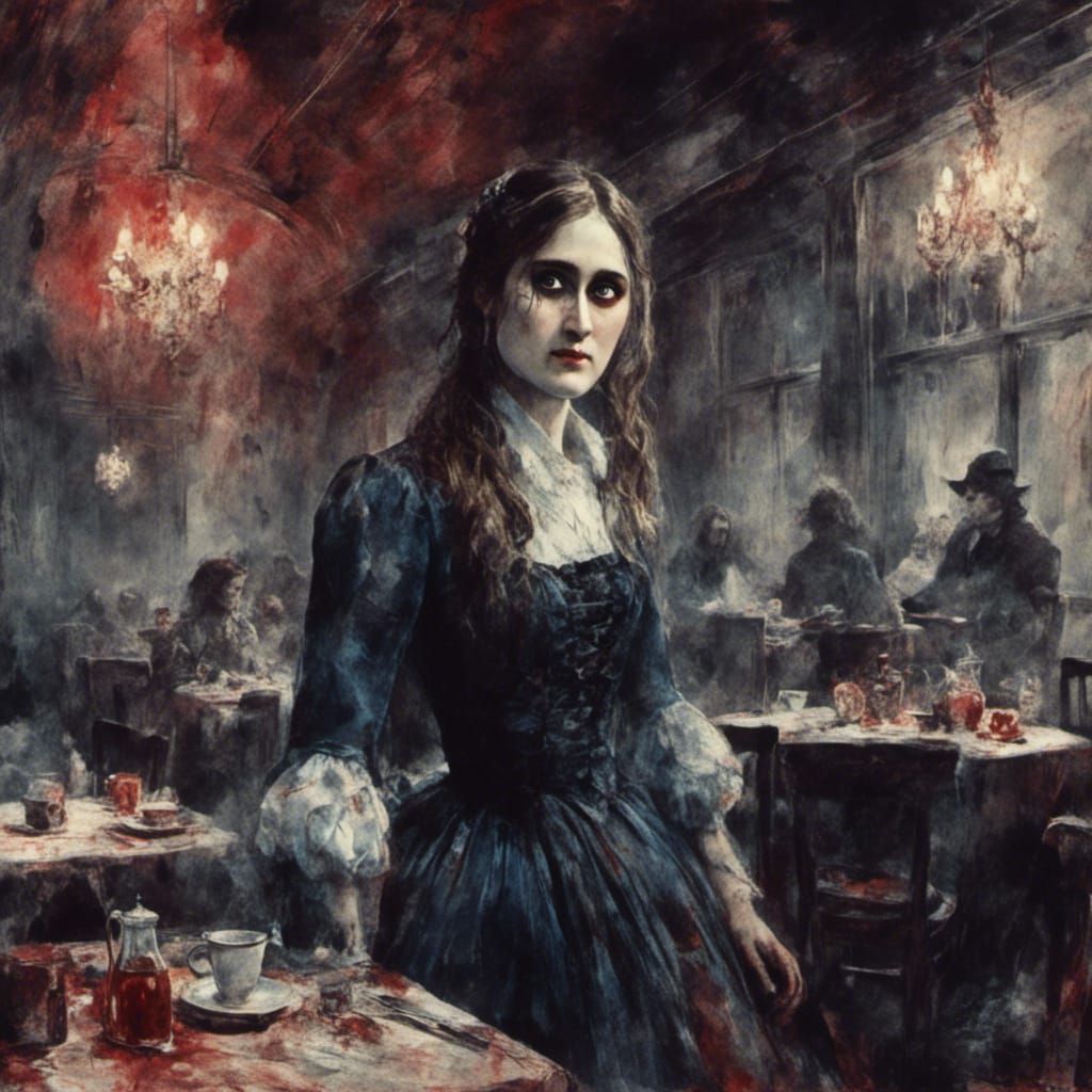 Vampire Woman in 1980s Cafe: Macabre Watercolor
