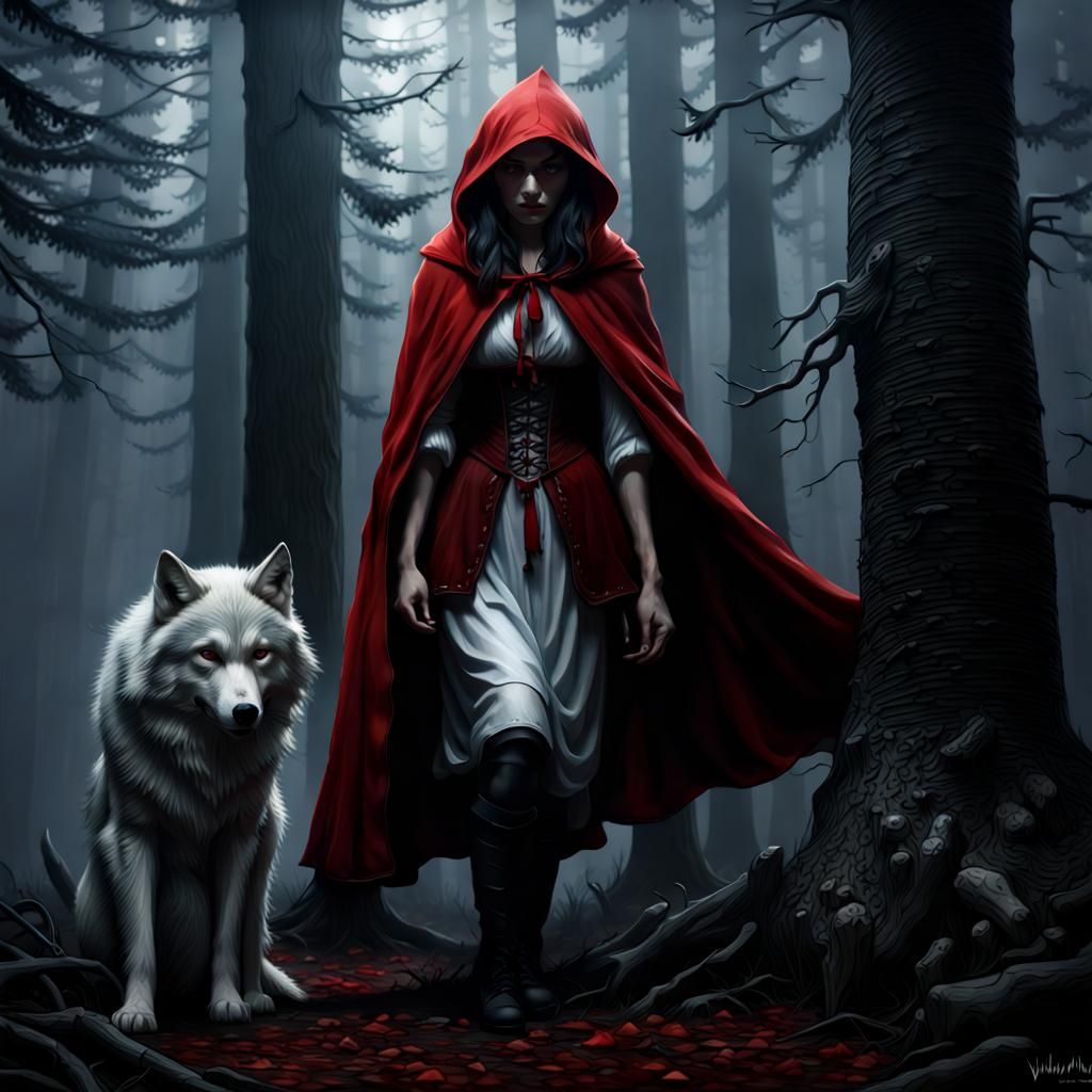 Red Riding Hood and Wolf in Dark Forest