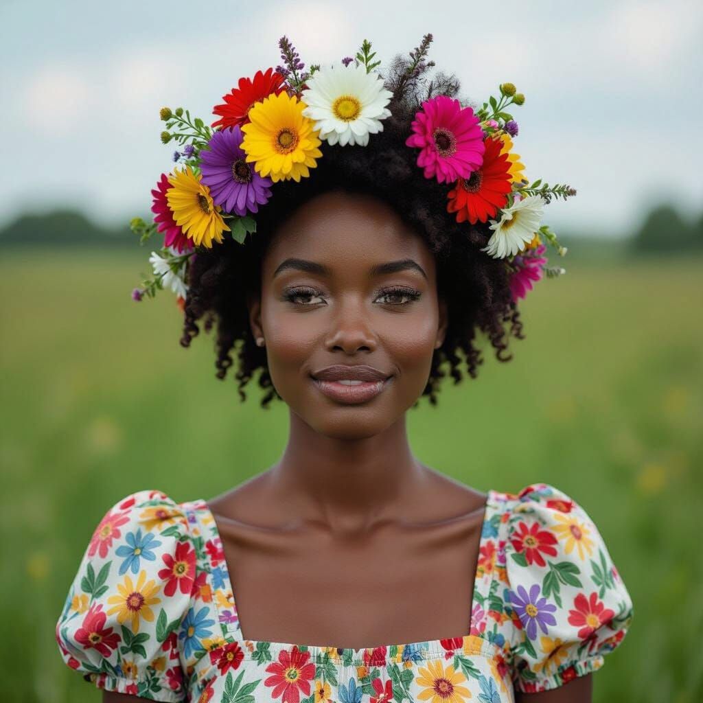 Woman in Floral Dress Stands in Green Field