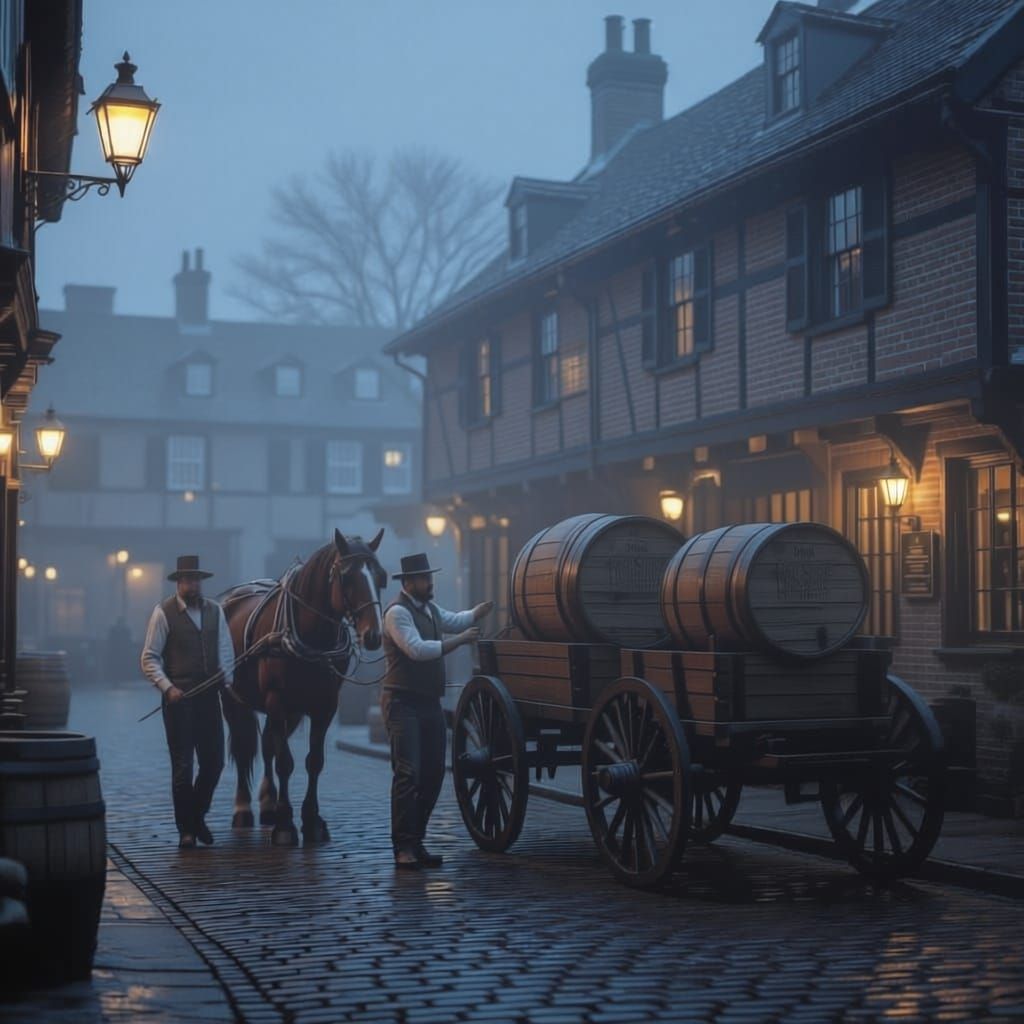 19th Century Tavern Scene: Men Unload Kegs at Night