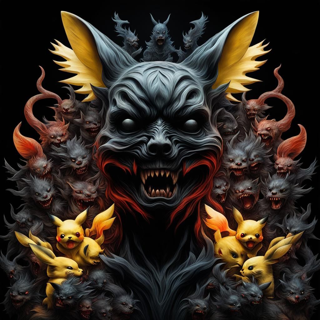 Zombie Pikachu and Kitsune Silhouette in Double Exposure Art