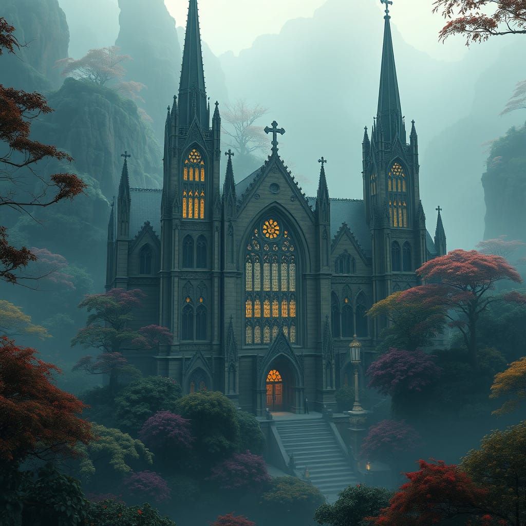 Ethereal Gothic Cathedral in Lush Fantasy Landscape