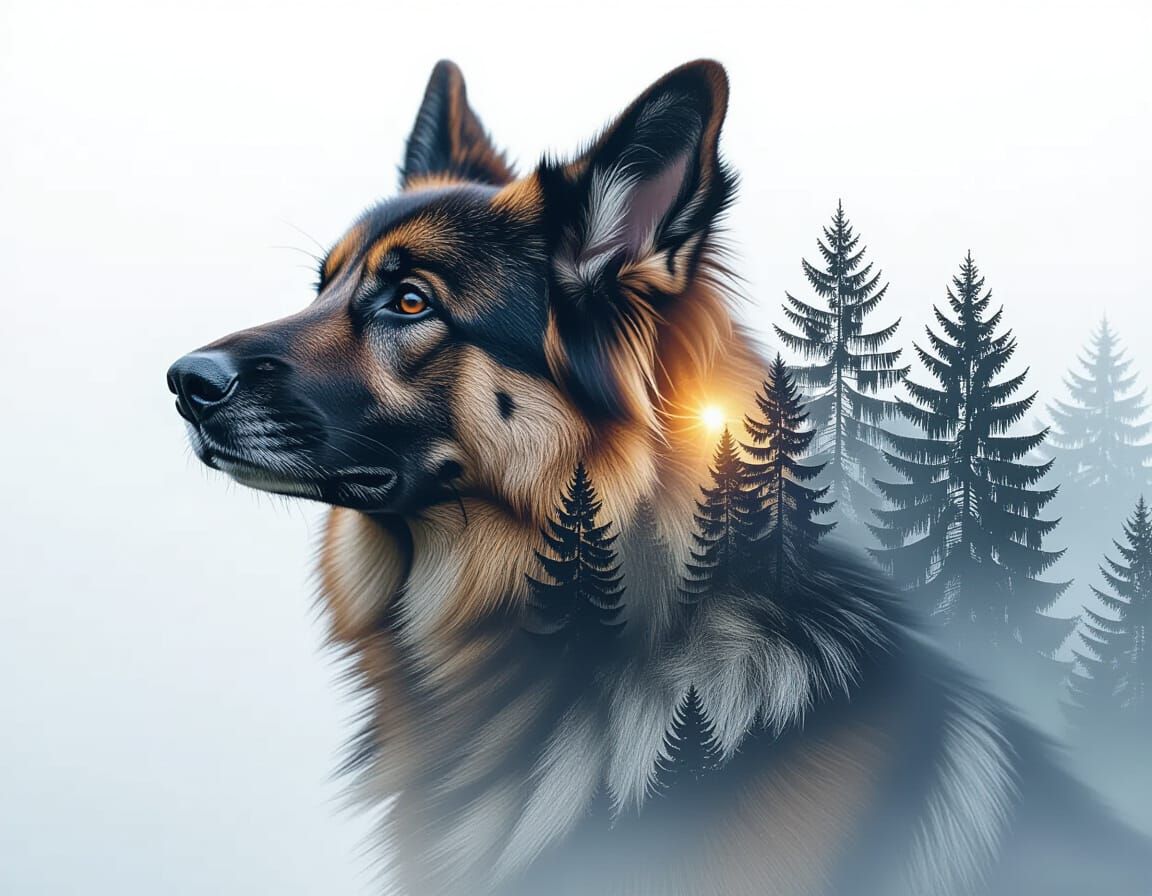 Photorealistic German Shepherd in Forest Double Exposure