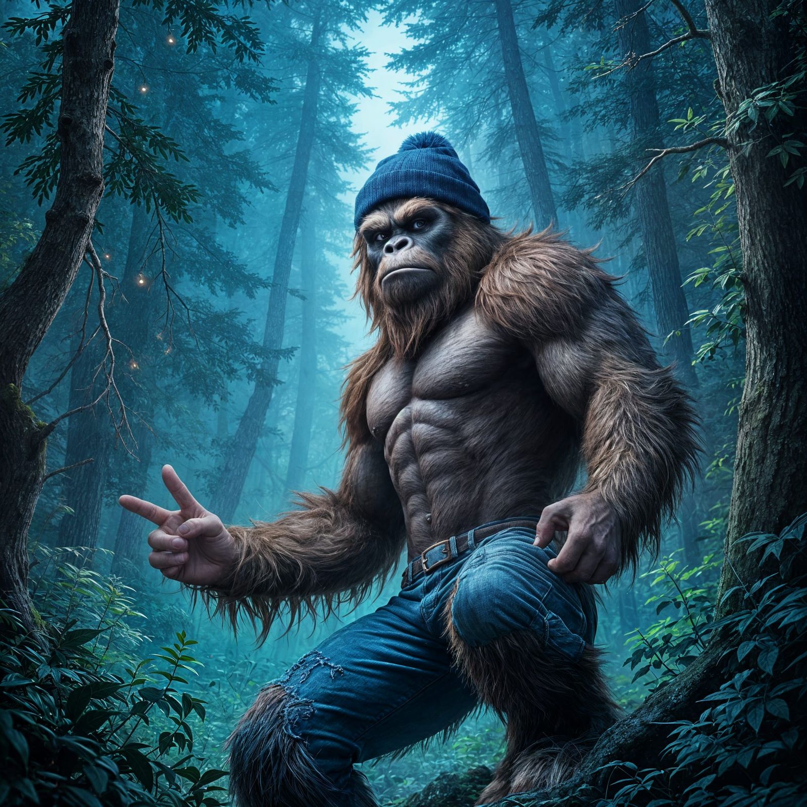 Hyperrealistic Bigfoot in Mystic Forest at Night