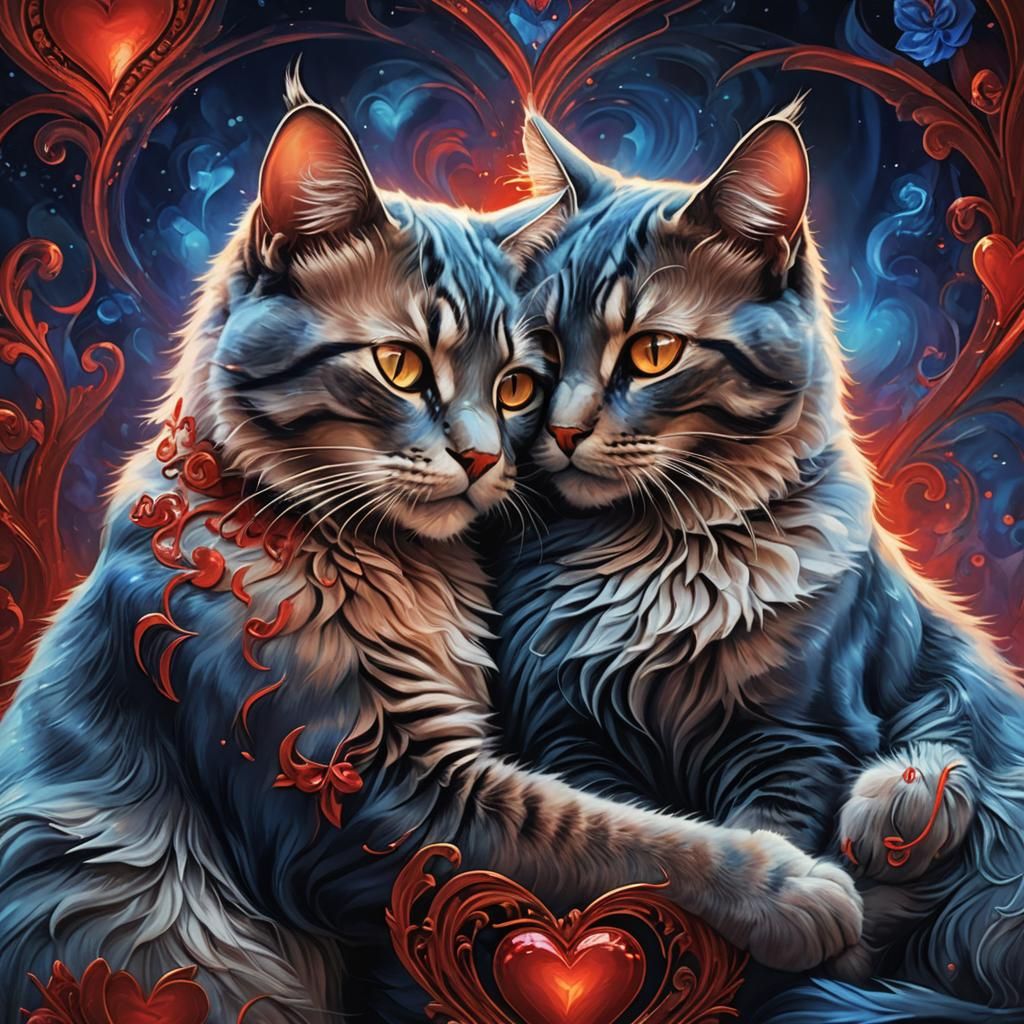 Cats Embrace Within Heart in Painterly Style