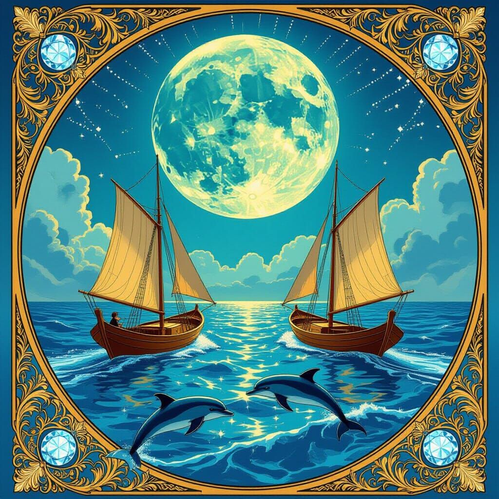 Golden Boats & Dolphins Under Diamond Moon, Art Nouveau Styl...
