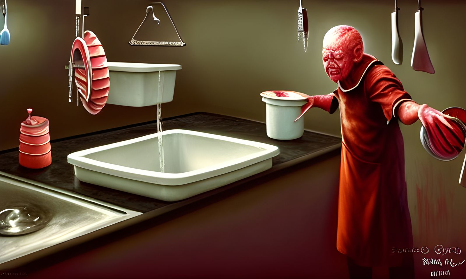 Grotesque Kitchen Scene as Gouache Painting