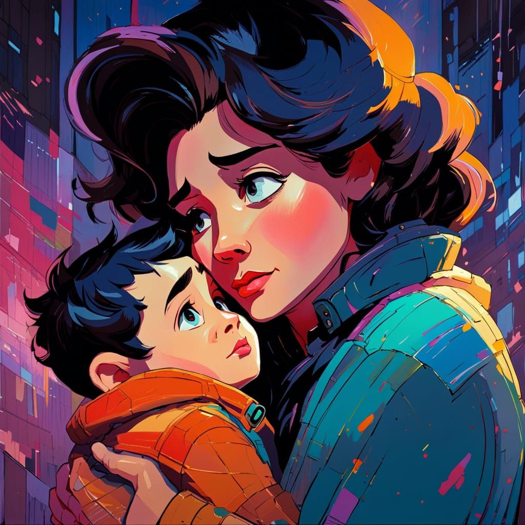 Mother and Son Embrace: Impasto Acrylic Painting