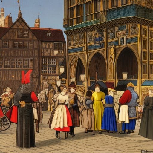 Medieval Market Scene with Knights and Victorian Ladies